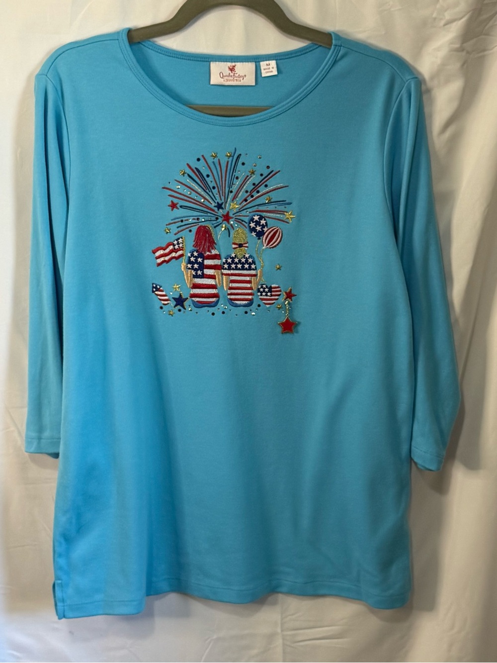 Quacker Factory Women’s M Blue Patriotic Fireworks Embroidered 3/4 Sleeve Top